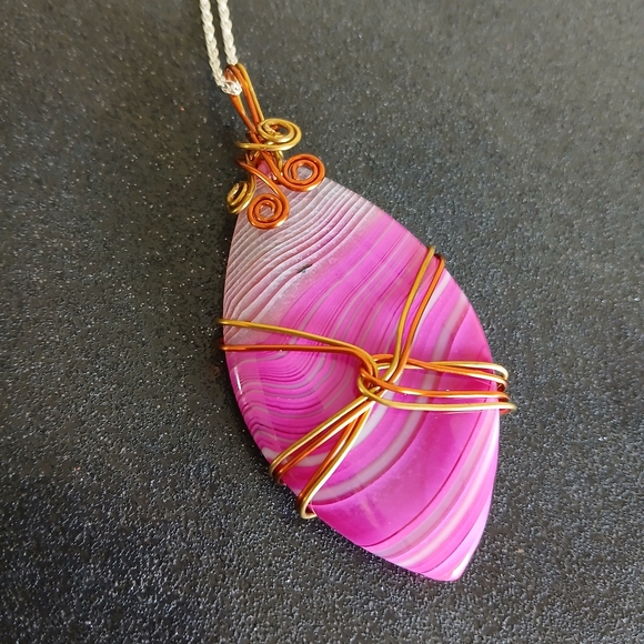 Pink agate copper gold wire wrapped sterling silver necklace new handmade 22\